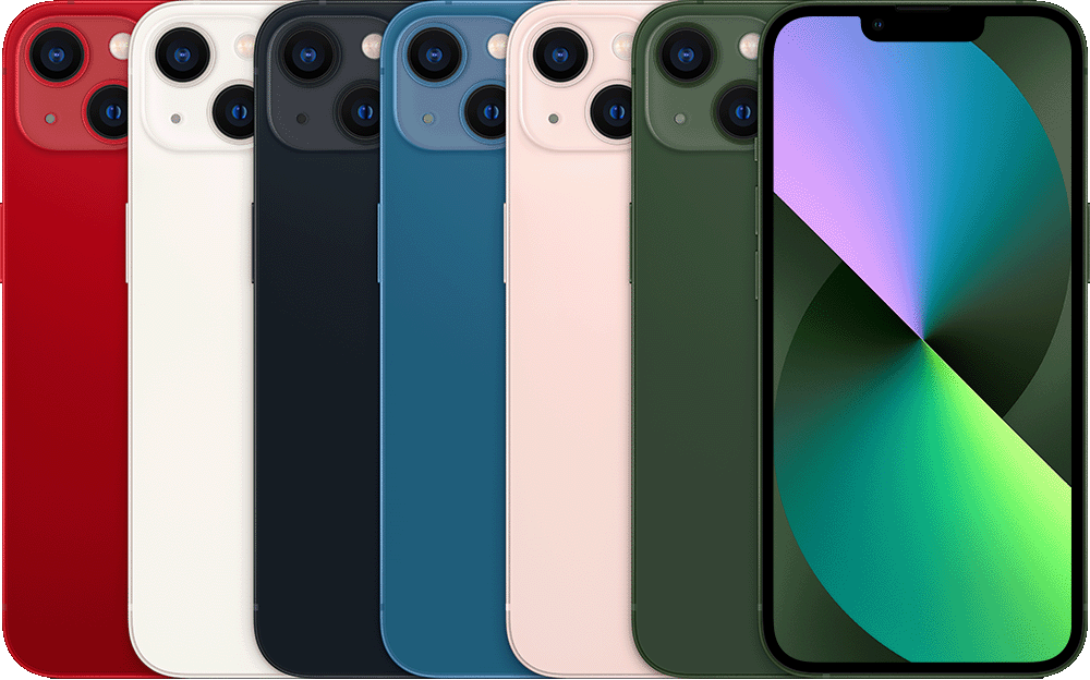iPhone 13 backs side by side in all official colors (PRODUCT RED starlight midnight blue pink green) followed by the front