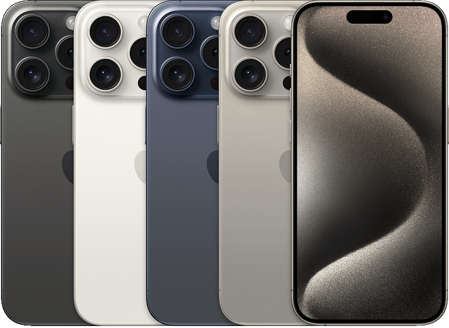 iPhone 15 Pro backs side by side in all official colors (black titanium white titanium blue titanium natural titanium) followed by the front