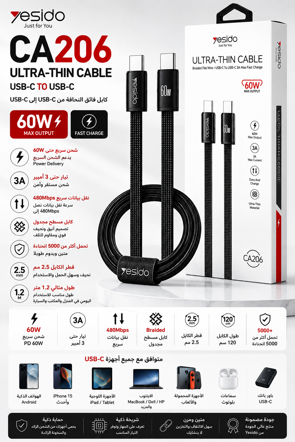 Yesido DC04 Dual Type-C: USB-C إلى USB-C